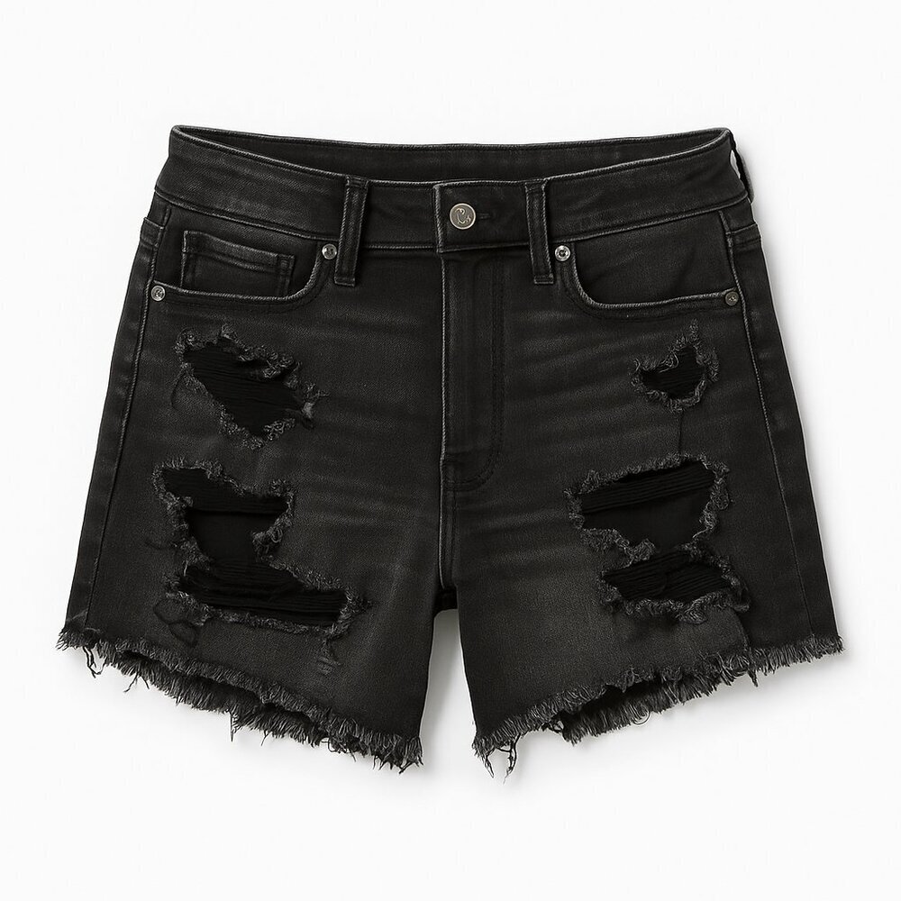 American Eagle Next Level Stretch High Rise Distressed Black Denim Shorts Size 1